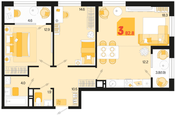 3-комнатная квартира №57 82,8 м2 от застройщика ГК ТОЧНО