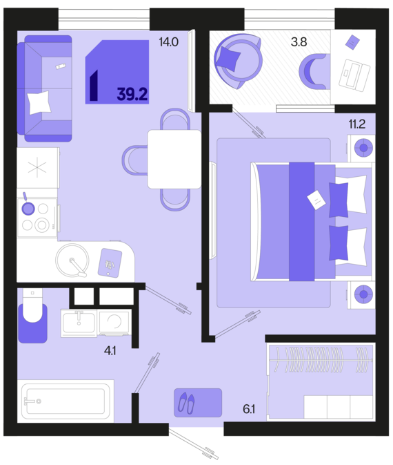 1-комнатная квартира №48 39,2 м2 от застройщика ГК ТОЧНО