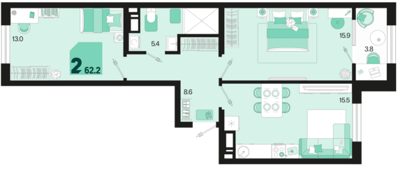 2-комнатная квартира №79 62,2 м2 от застройщика ГК ТОЧНО