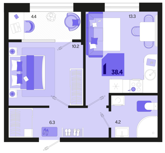 1-комнатная квартира №348 38,4 м2 от застройщика ГК ТОЧНО