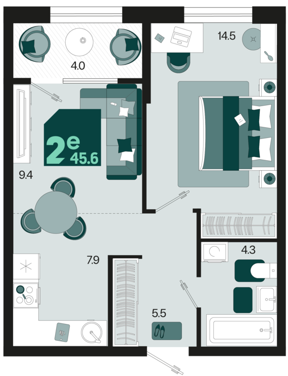 евро 2 к.кв. №350 45,6 м2 от застройщика ГК ТОЧНО