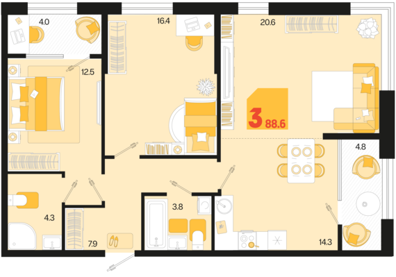 3-комнатная квартира №351 88,6 м2 от застройщика ГК ТОЧНО