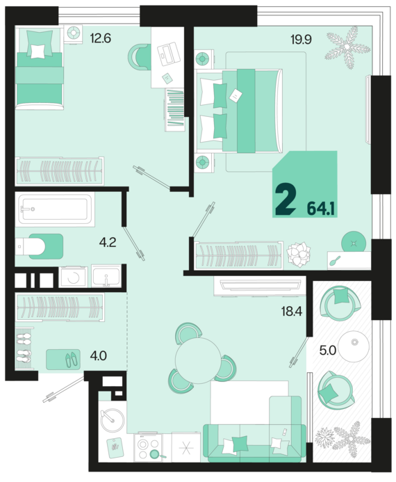 2-комнатная квартира №386 64,1 м2 от застройщика ГК ТОЧНО