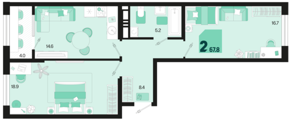 2-комнатная квартира №292 67,8 м2 от застройщика ГК ТОЧНО