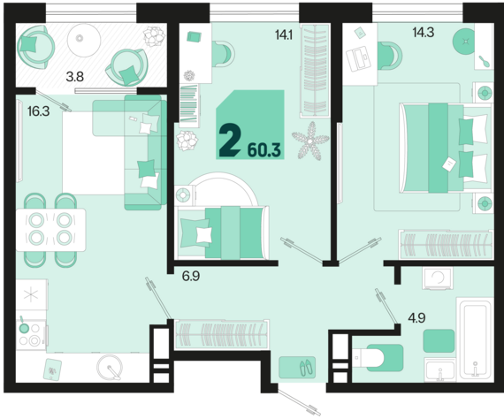 2-комнатная квартира №347 60,3 м2 от застройщика ГК ТОЧНО