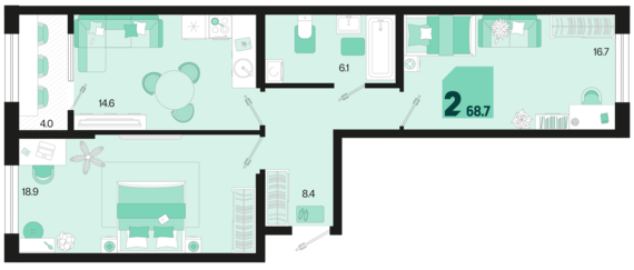 2-комнатная квартира №220 68,7 м2 от застройщика ГК ТОЧНО
