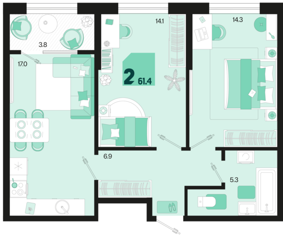 2-комнатная квартира №221 61,4 м2 от застройщика ГК ТОЧНО