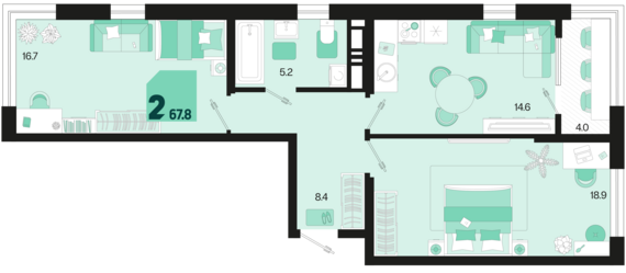 2-комнатная квартира №169 67,8 м2 от застройщика ГК ТОЧНО