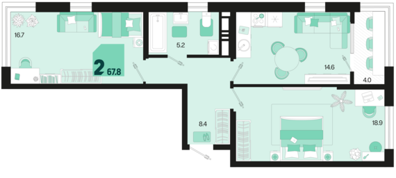2-комнатная квартира №209 67,8 м2 от застройщика ГК ТОЧНО