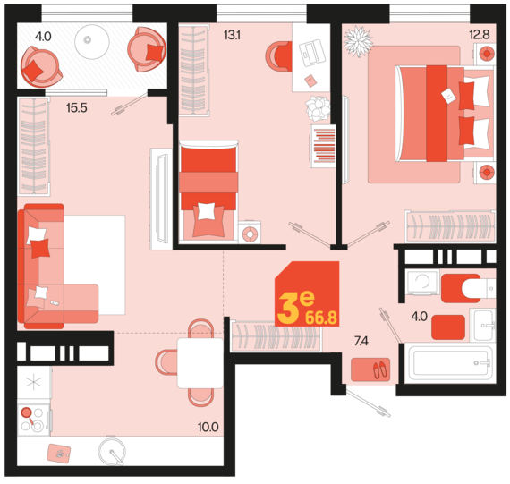 евро 3 к.кв. №213 66,8 м2 от застройщика ГК ТОЧНО