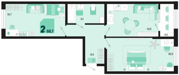 2-комнатная квартира №81 68,7 м2 от застройщика ГК ТОЧНО