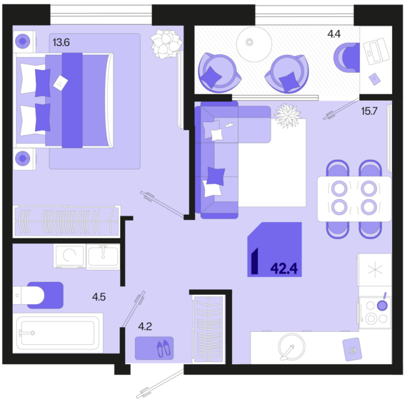 1-комнатная квартира №83 42,4 м2 от застройщика ГК ТОЧНО