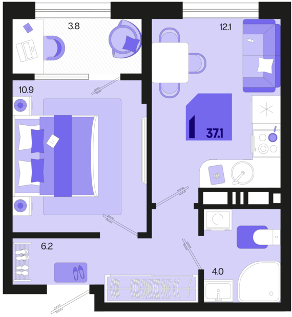 1-комнатная квартира №125 37,1 м2 от застройщика ГК ТОЧНО