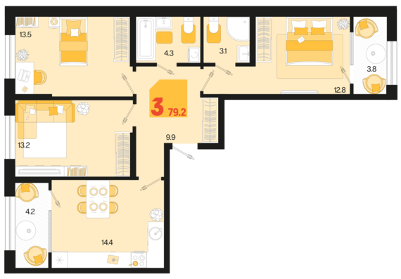 3-комнатная квартира №1 79,2 м2 от застройщика ГК ТОЧНО