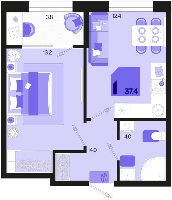 1-комнатная квартира №2 37,4 м2 от застройщика ГК ТОЧНО