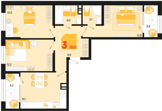3-комнатная квартира №21 78,6 м2 от застройщика ГК ТОЧНО