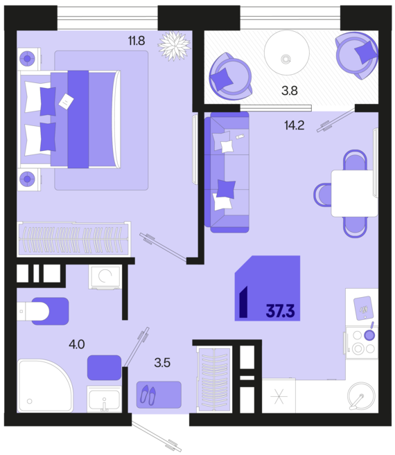 1-комнатная квартира №38 37,3 м2 от застройщика ГК ТОЧНО