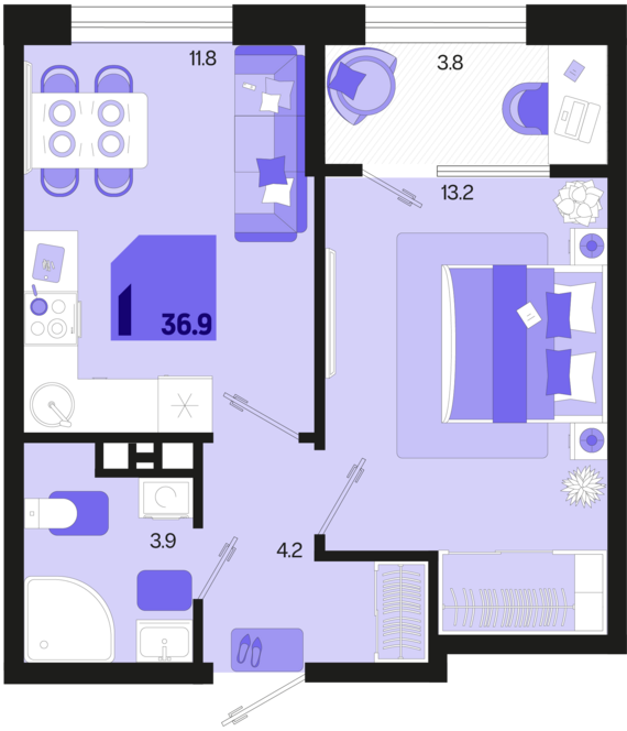 1-комнатная квартира №19 36,9 м2 от застройщика ГК ТОЧНО