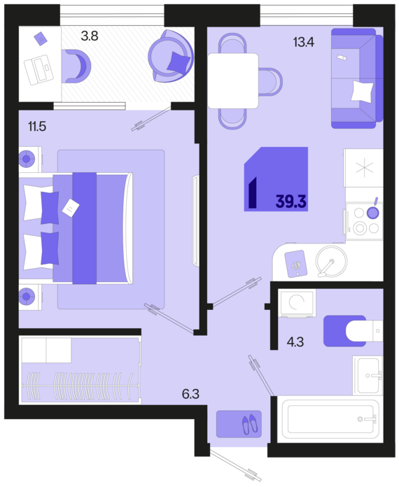 1-комнатная квартира №102 39,3 м2 от застройщика ГК ТОЧНО