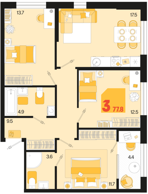 3-комнатная квартира №44 77,8 м2 от застройщика ГК ТОЧНО