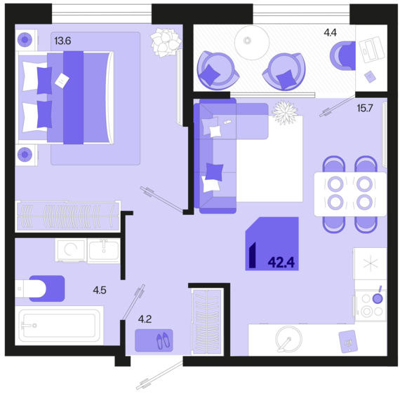 1-комнатная квартира №98 42,4 м2 от застройщика ГК ТОЧНО