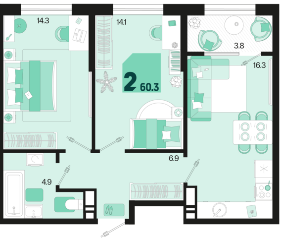 2-комнатная квартира №159 60,3 м2 от застройщика ГК ТОЧНО