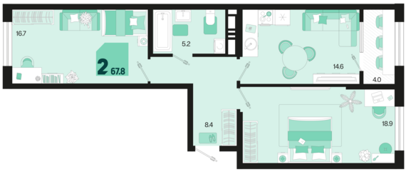 2-комнатная квартира №144 67,8 м2 от застройщика ГК ТОЧНО
