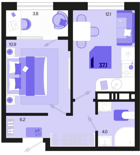 1-комнатная квартира №156 37,1 м2 от застройщика ГК ТОЧНО