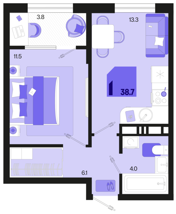 1-комнатная квартира №158 38,7 м2 от застройщика ГК ТОЧНО