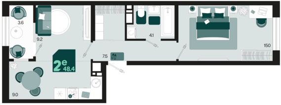 евро 2 к.кв. №69 48,4 м2 от застройщика ГК ТОЧНО