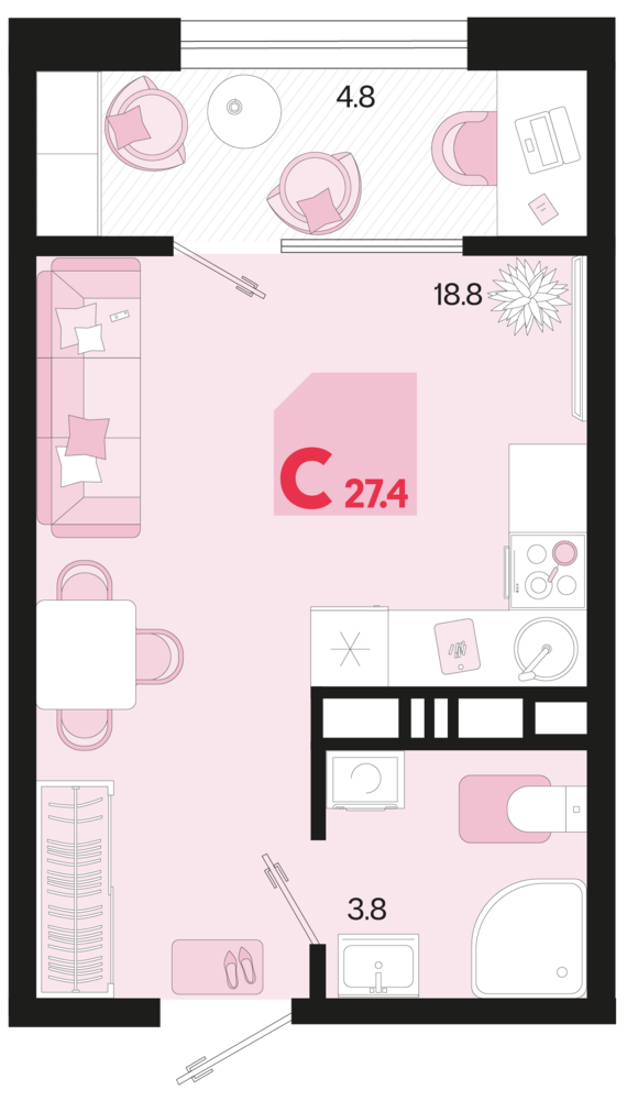 Студия №77 27,4 м2 от застройщика ГК ТОЧНО