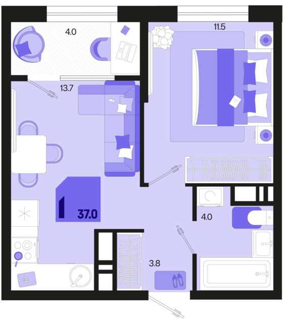 1-комнатная квартира №444 37 м2 от застройщика ГК ТОЧНО