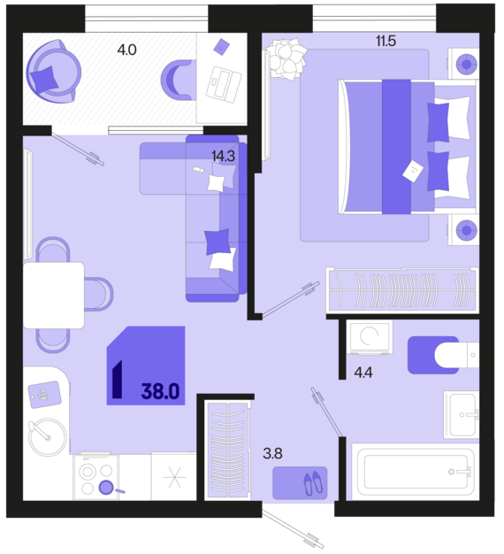 1-комнатная квартира №365 38 м2 от застройщика ГК ТОЧНО
