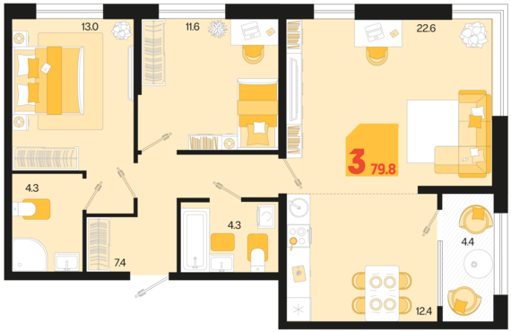 3-комнатная квартира №366 79,8 м2 от застройщика ГК ТОЧНО