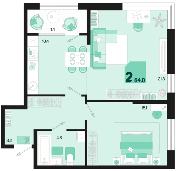 2-комнатная квартира №367 64 м2 от застройщика ГК ТОЧНО