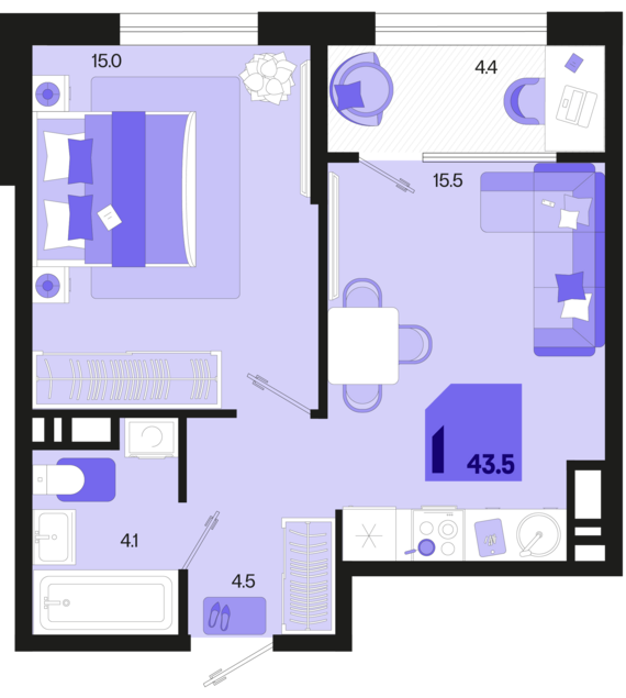 1-комнатная квартира №418 43,5 м2 от застройщика ГК ТОЧНО