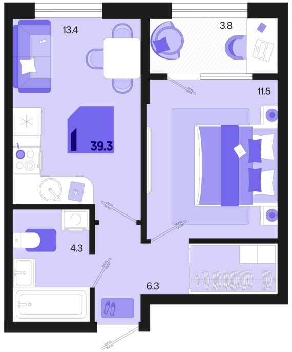 1-комнатная квартира №229 39,3 м2 от застройщика ГК ТОЧНО
