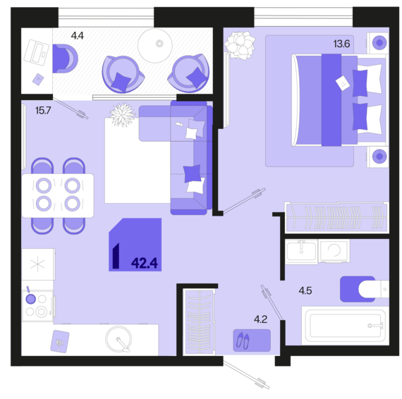 1-комнатная квартира №233 42,4 м2 от застройщика ГК ТОЧНО