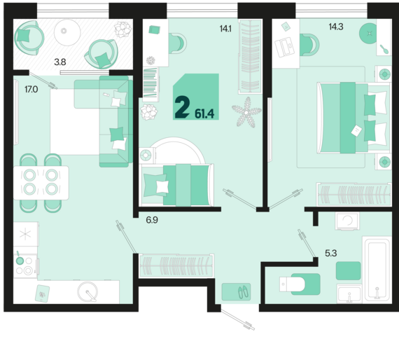2-комнатная квартира №236 61,4 м2 от застройщика ГК ТОЧНО