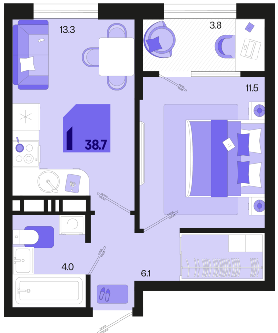 1-комнатная квартира №317 38,7 м2 от застройщика ГК ТОЧНО