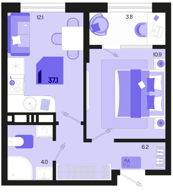 1-комнатная квартира №343 37,1 м2 от застройщика ГК ТОЧНО