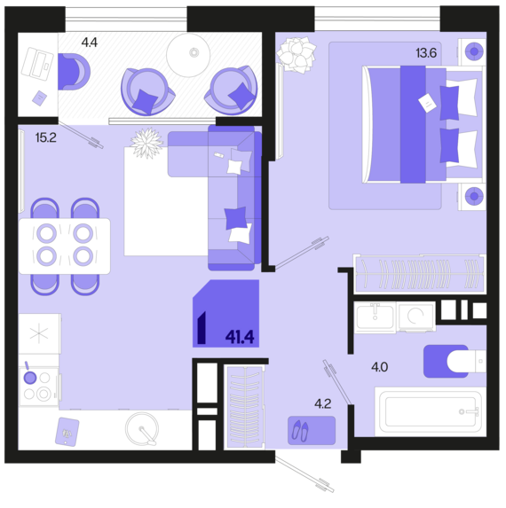 1-комнатная квартира №337 41,4 м2 от застройщика ГК ТОЧНО