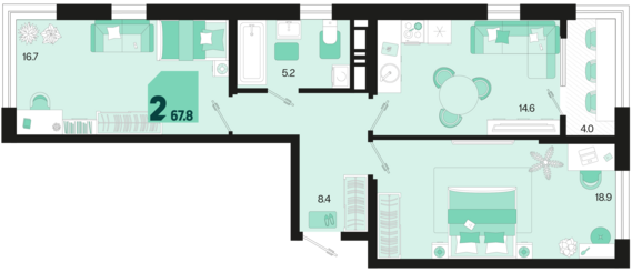2-комнатная квартира №184 67,8 м2 от застройщика ГК ТОЧНО