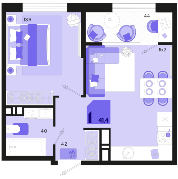 1-комнатная квартира №186 41,4 м2 от застройщика ГК ТОЧНО