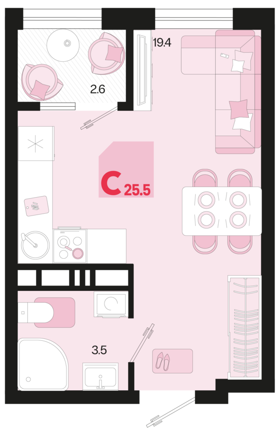 Студия №195 25,5 м2 от застройщика ГК ТОЧНО