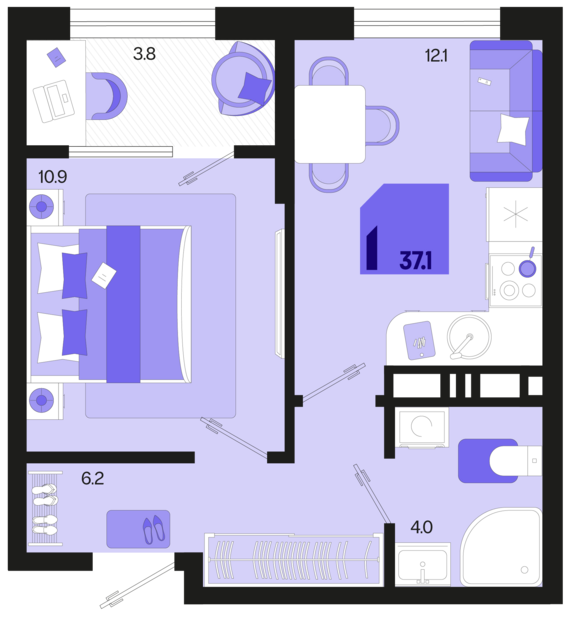 1-комнатная квартира №196 37,1 м2 от застройщика ГК ТОЧНО