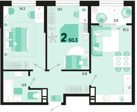 2-комнатная квартира №223 60,3 м2 от застройщика ГК ТОЧНО