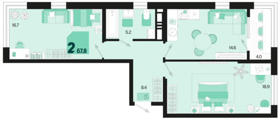 2-комнатная квартира №224 67,8 м2 от застройщика ГК ТОЧНО