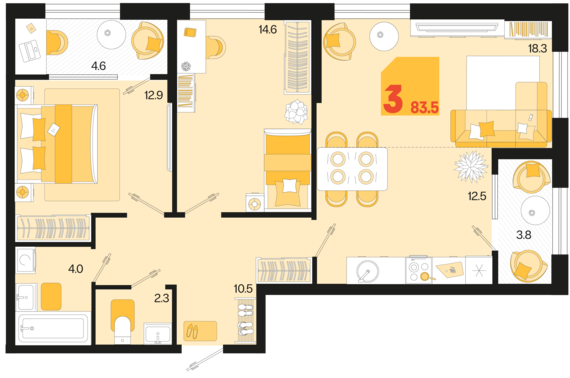 3-комнатная квартира №42 83,5 м2 от застройщика ГК ТОЧНО