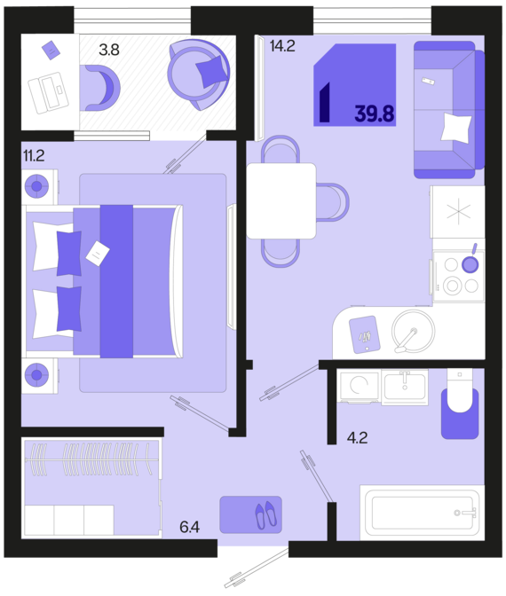 1-комнатная квартира №44 39,8 м2 от застройщика ГК ТОЧНО